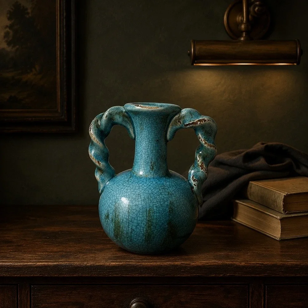 Turquoise Crackle Glaze Amphora Vase Twisted Handles Mediterranean Decor 7